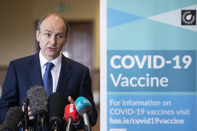 Taoiseach Micheal Martin at a press conference during a visit to the Citywest Covid-19 Vaccination Centre (Brian Lawless/PA)