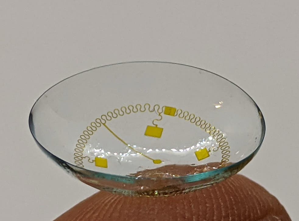 <p>InWith’s smart contact lens, which it claims can deliver real-time info directly to your eyes, was on display at the CES technology conference in Las Vegas, 10 January, 2022</p>