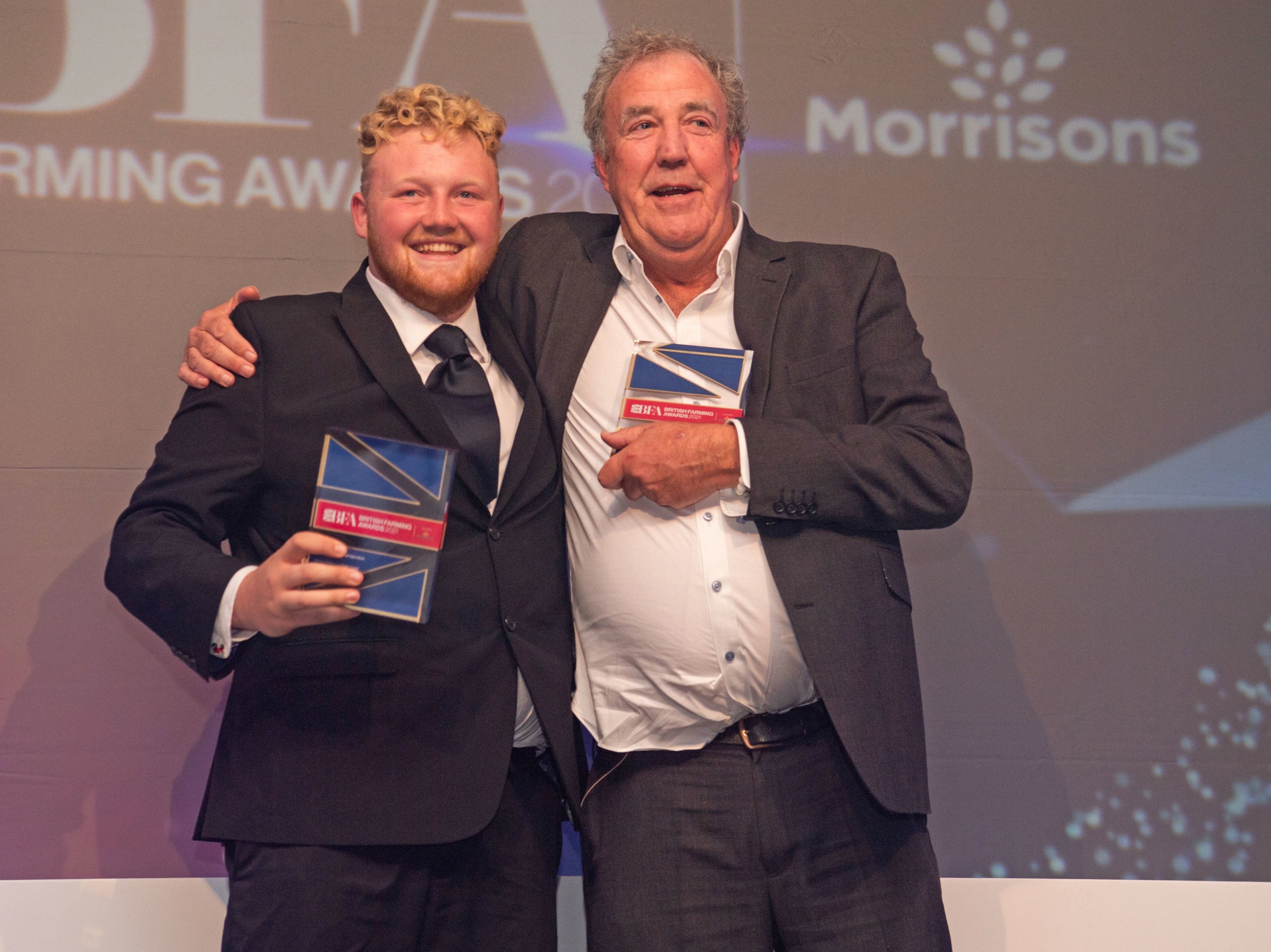 Kaleb Cooper (left) and Jeremy Clarkson at the British Farming Awards in Birmingham in October last year