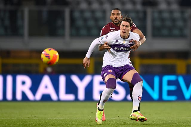 Fiorentina’s Dusan Vlahovic has been linked with a move to Arsenal (Fabio Ferrari/LaPresse via AP)