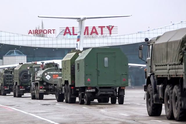 <p>Pictures from the Russian Defence Ministry show vehicles of Russian troops leaving an airport in Almaty, Kazakhstan, Sunday, Jan. 9, 2022.</p>