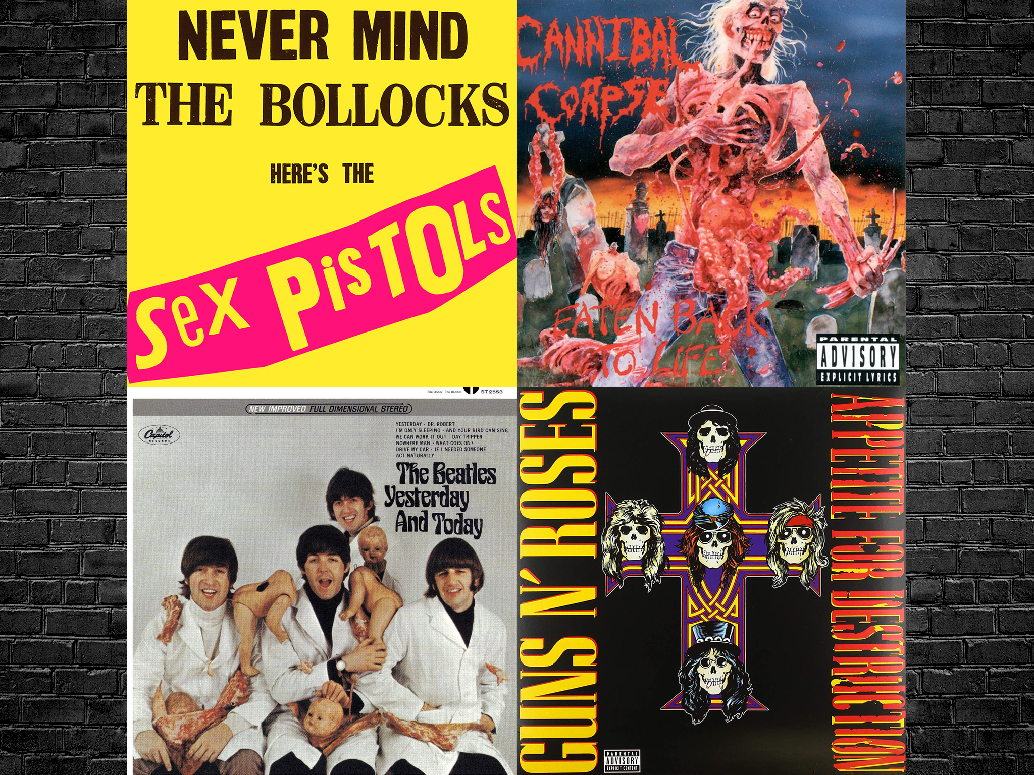 Top left clockwise: Artwork for the Sex Pistols, Cannibal Corpse, Guns N’ Roses, and The Beatles