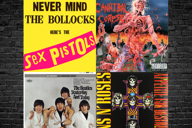 <p>Top left clockwise: Artwork for the Sex Pistols, Cannibal Corpse, Guns N’ Roses, and The Beatles</p>