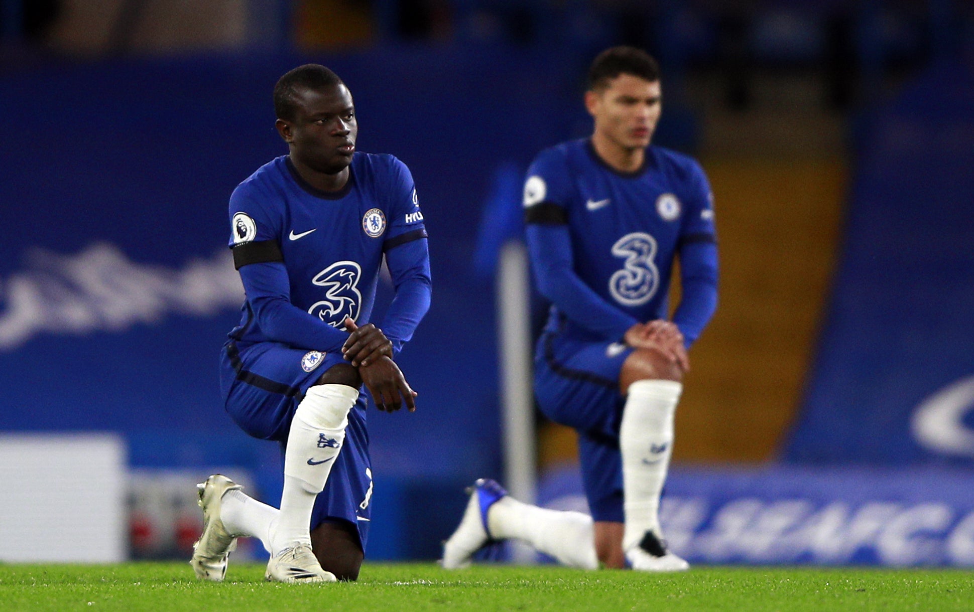 Chelsea could take a calculated risk on Thiago Silva, right, and N’Golo Kante, left, facing Tottenham (Ian Walton/PA)