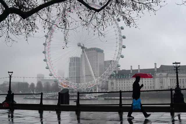 <p>A man walks with an umbrella during wet weather on the Embankment in Westminster, on Tuesday 11 January 2022 </p>