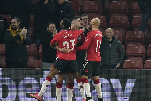 Armando Broja (centre) scored Southampton’s third (Andrew Matthews/PA)
