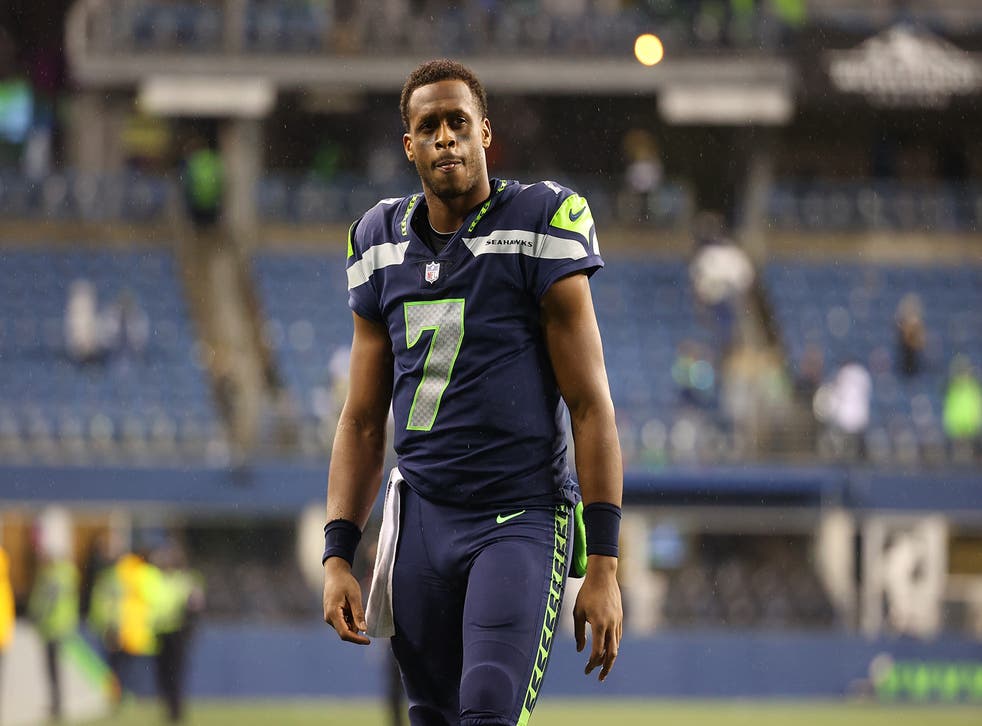 <p>Geno Smith #7 of the Seattle Seahawks leaves the field following a game against the New Orleans Saints at Lumen Field on October 25, 2021 in Seattle, Washington. </p>