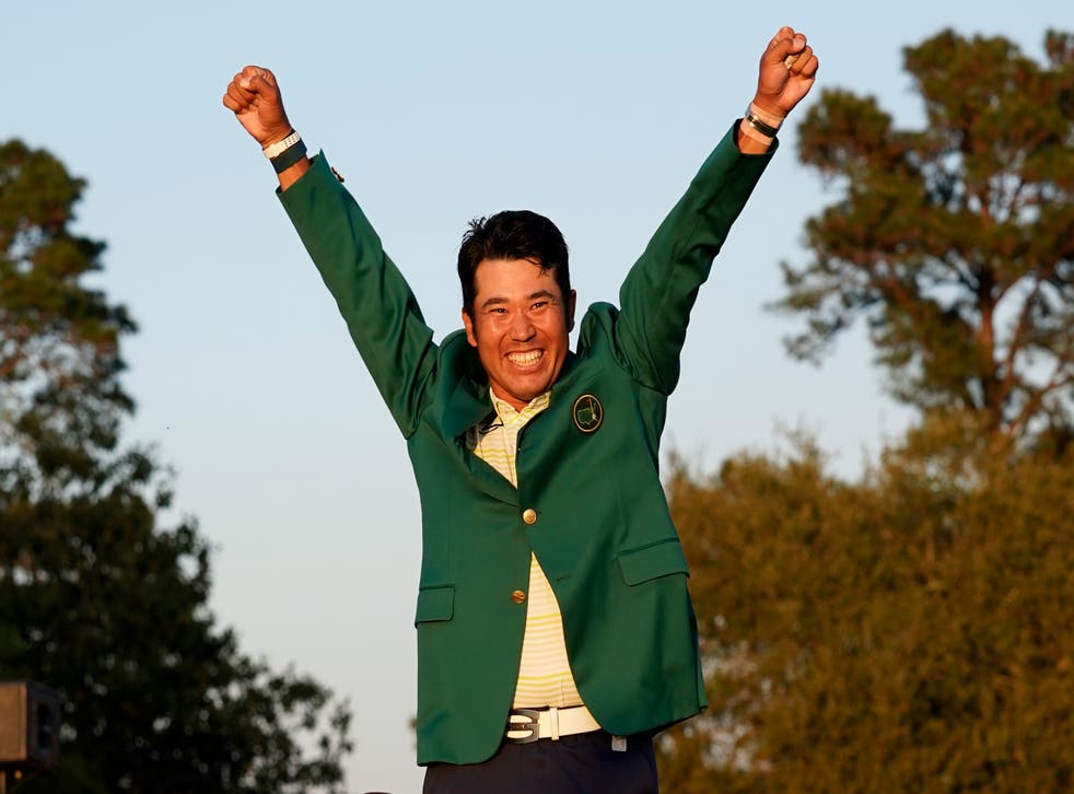 <p>Hideki Matsuyama celebrates winning The Masters </p>