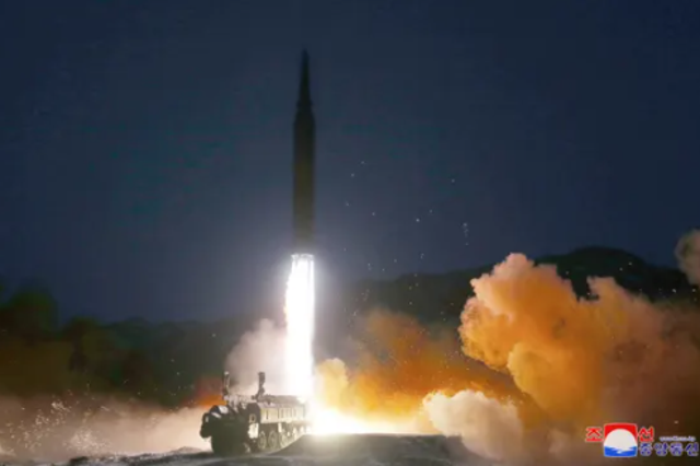 <p>State media released images of Tuesday’s test, which North Korea said was of a hypersonic missile and personally overseen by Kim Jong-un</p>