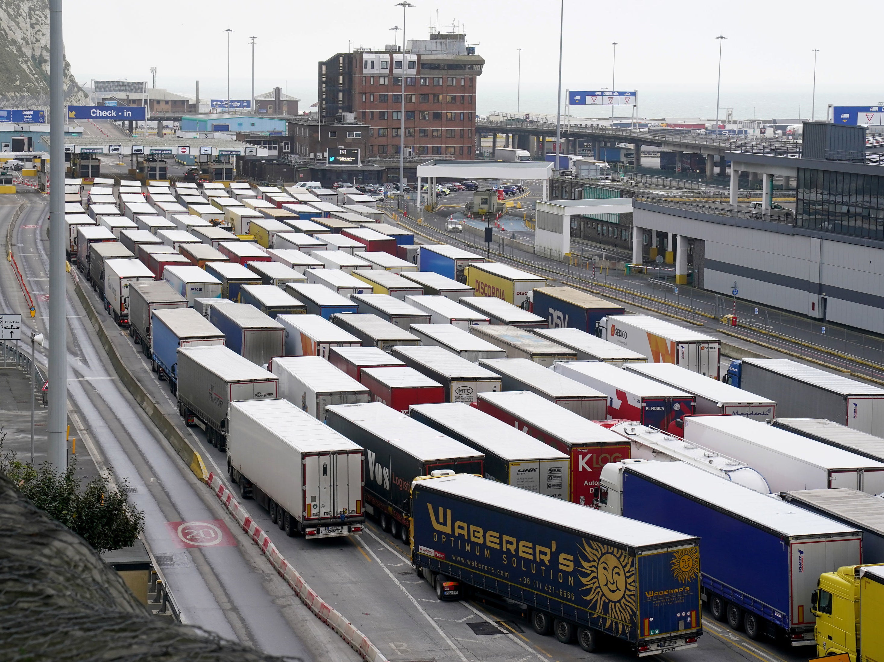 Lorry queues at the entrance to the port of Dover this week