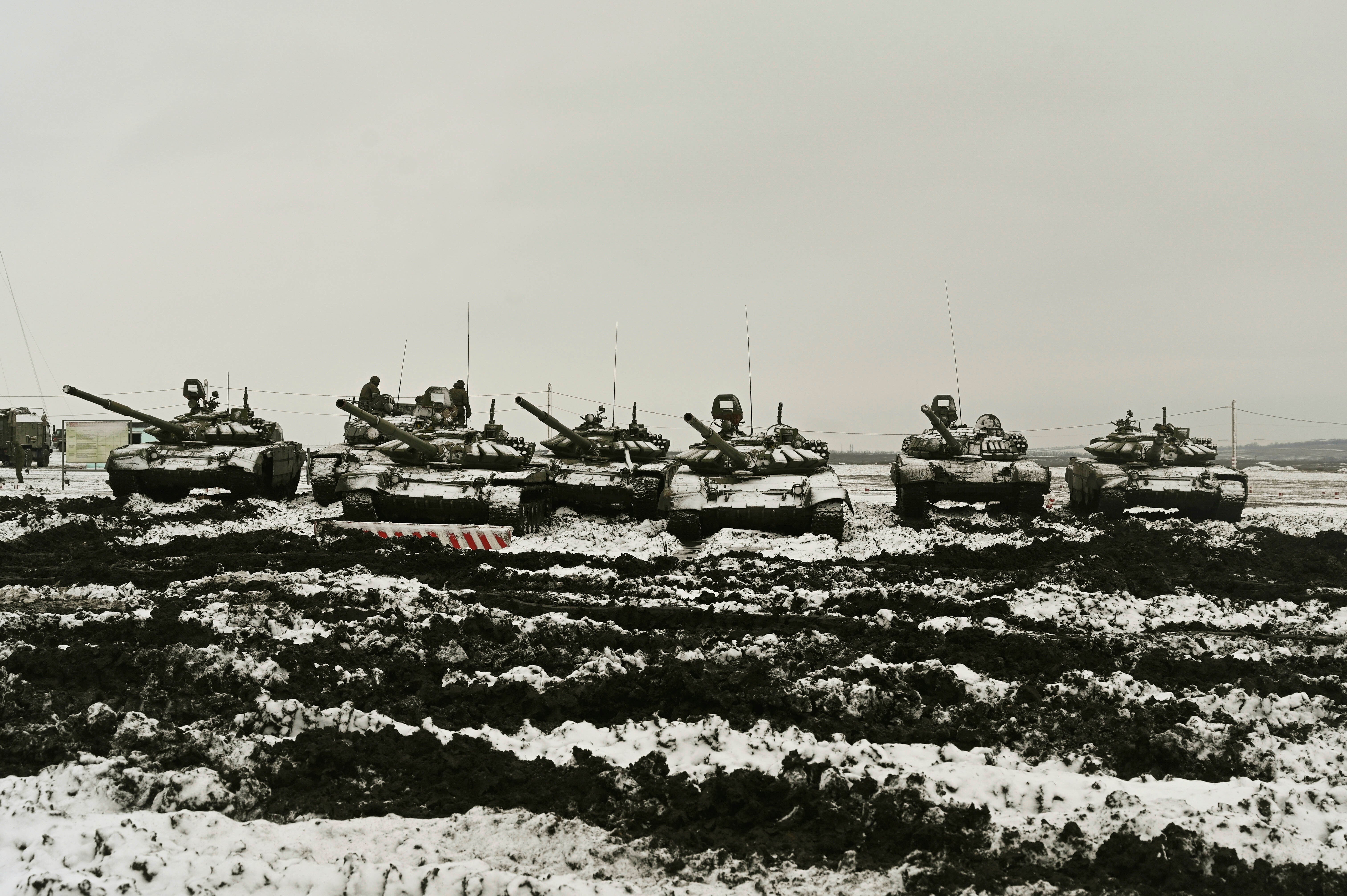 Russian tanks take part in drills at the Kadamovskiy firing range in the Rostov region in southern Russia