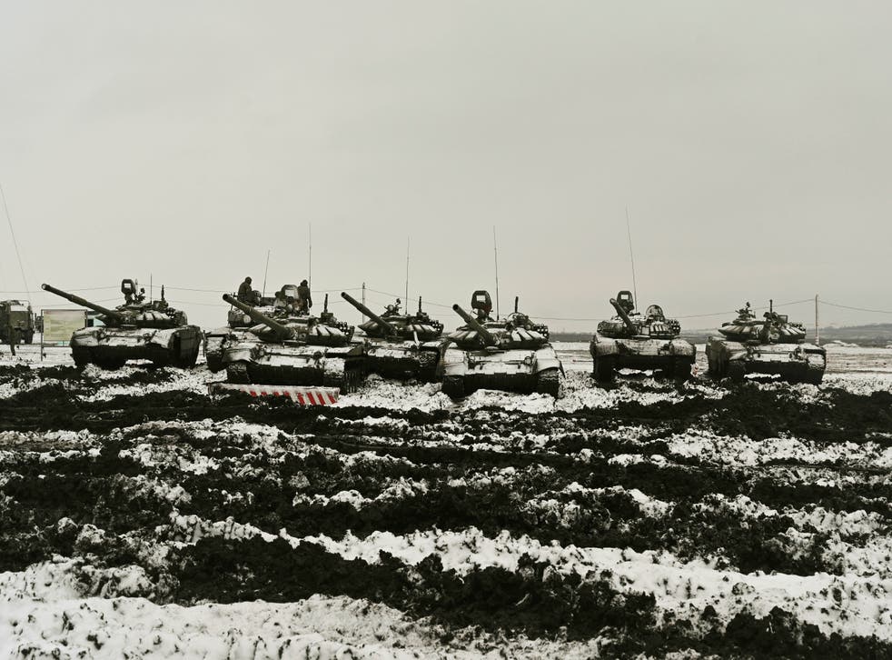<p>Russian tanks take part in drills at the Kadamovskiy firing range in the Rostov region in southern Russia</p>