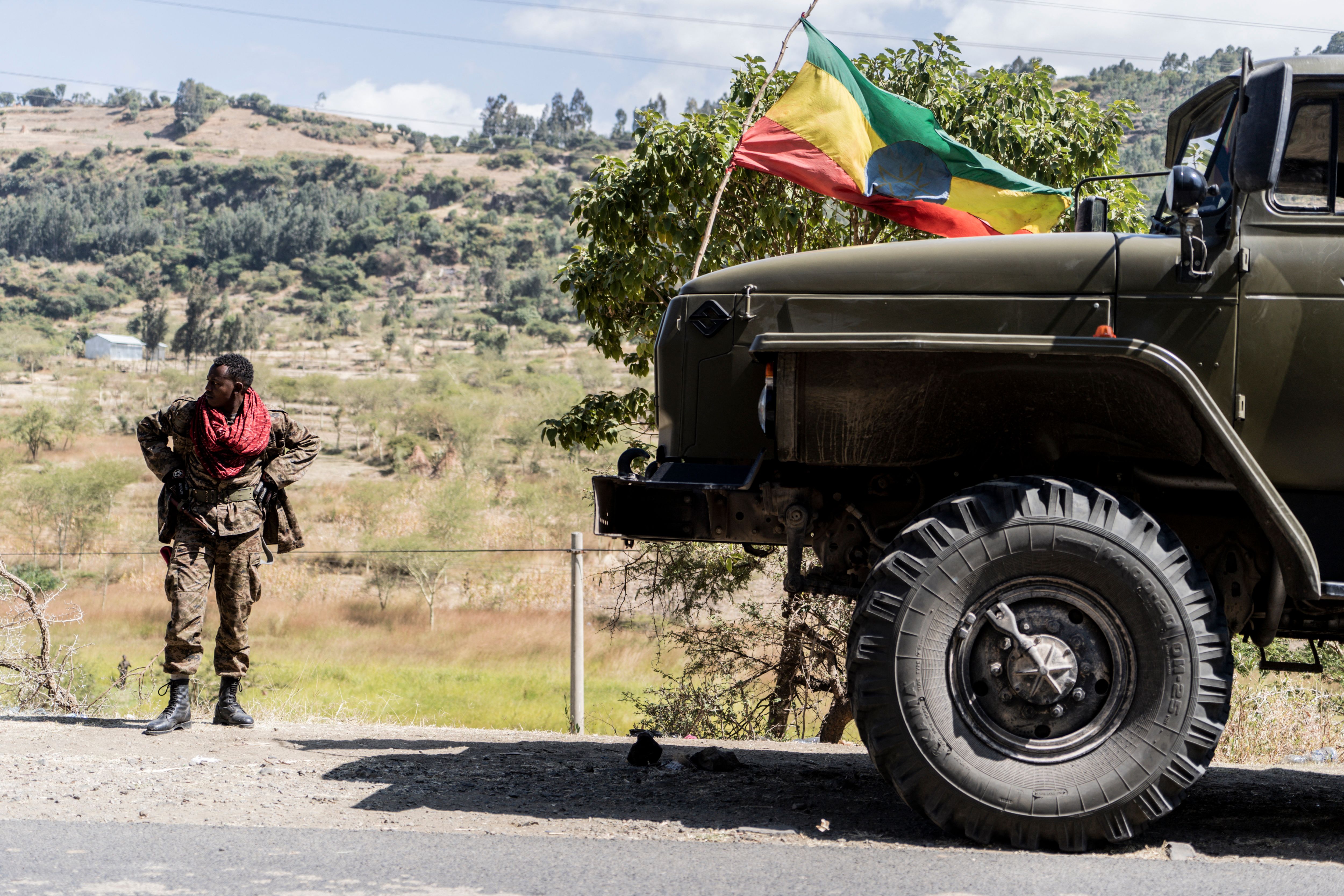 A soldier from the Ethiopian National Defence Force (ENDF) looks on in Hayk, Ethiopia, 13 December 2021