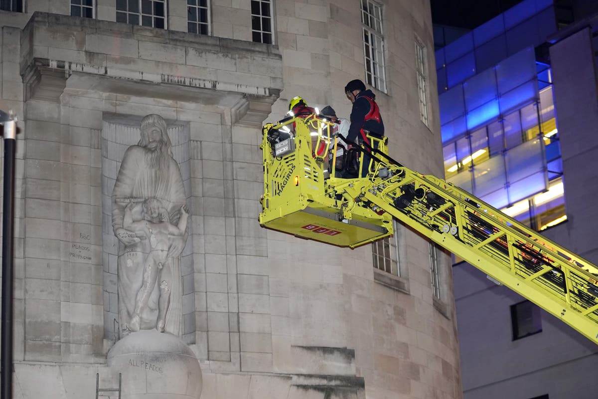Man arrested after statue at BBC headquarters attacked with a hammer