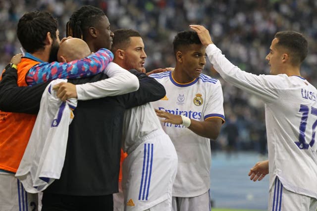 <p>Real Madrid celebrate winning the Super Cup semi-final </p>