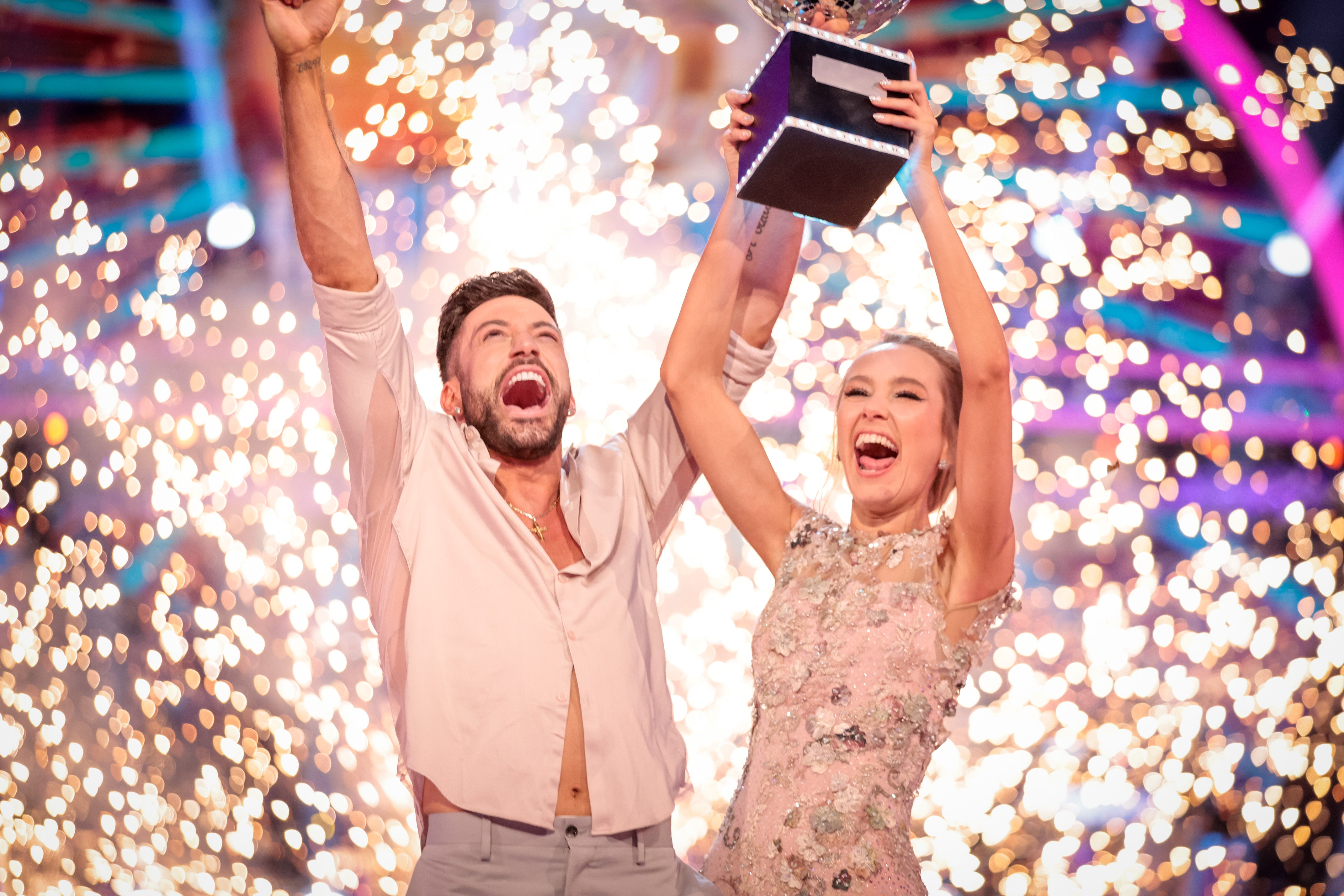 Rose Ayling-Ellis and Giovanni Pernice celebrate winning Strictly Come Dancing (Guy Levy/BBC/PA)