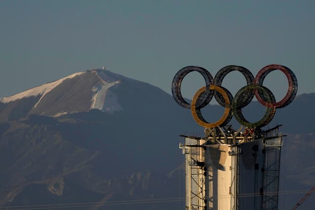 <p>Olympics Rings are erected near a ski resort outside Beijing, China, on 13 January, 202</p>