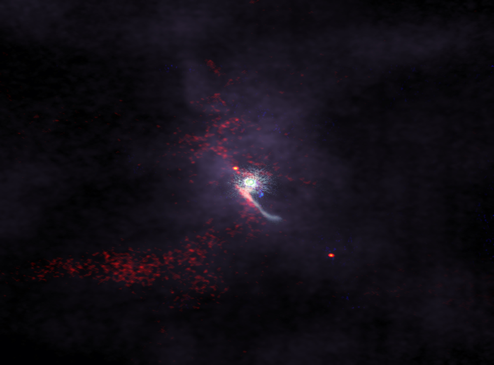 Scientists have made the first comprehensive multi-wavelength observational study of an intruder object disturbing the protoplanetary disk—or birthplace of planets—surrounding the Z Canis Majoris star (Z CMa) in the constellation Canis Major. This composite image includes data from the Subaru Telescope, Jansky Very Large Array, and the Atacama Large Millimeter/submillimeter Array, revealing in detail the perturbations, including long streams of material, made in Z CMa’s protoplanetary disk by the intruding object