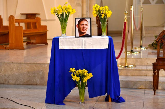 A portrait of Emiliano Sala displayed at the front of St David’s Cathedral (Jacob King/PA)