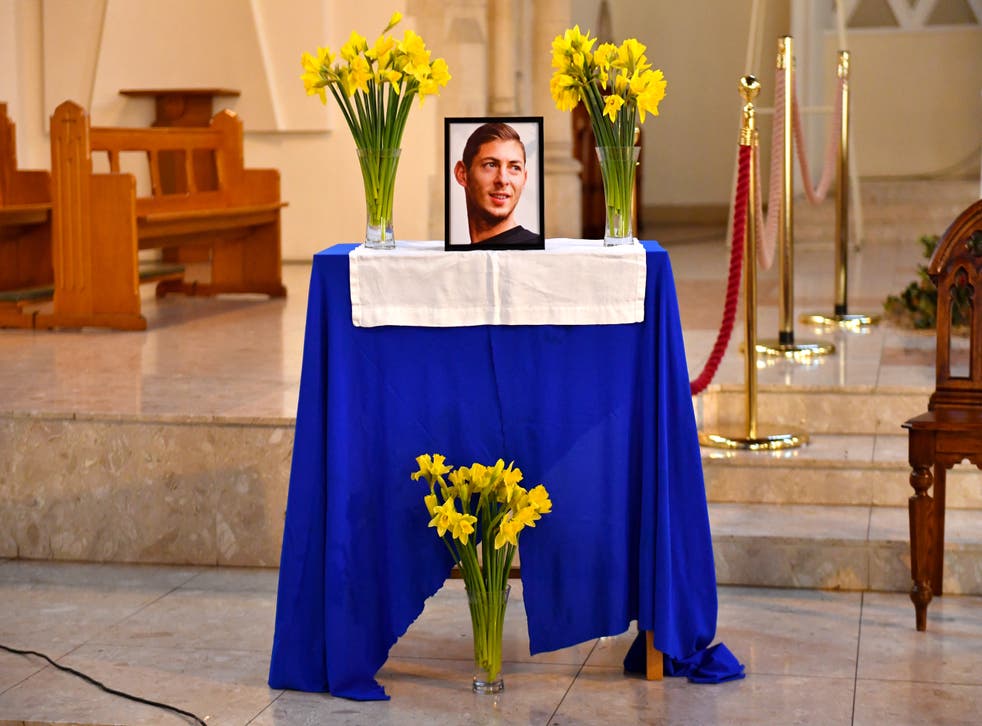 A portrait of Emiliano Sala displayed at the front of St David’s Cathedral (Jacob King/PA)