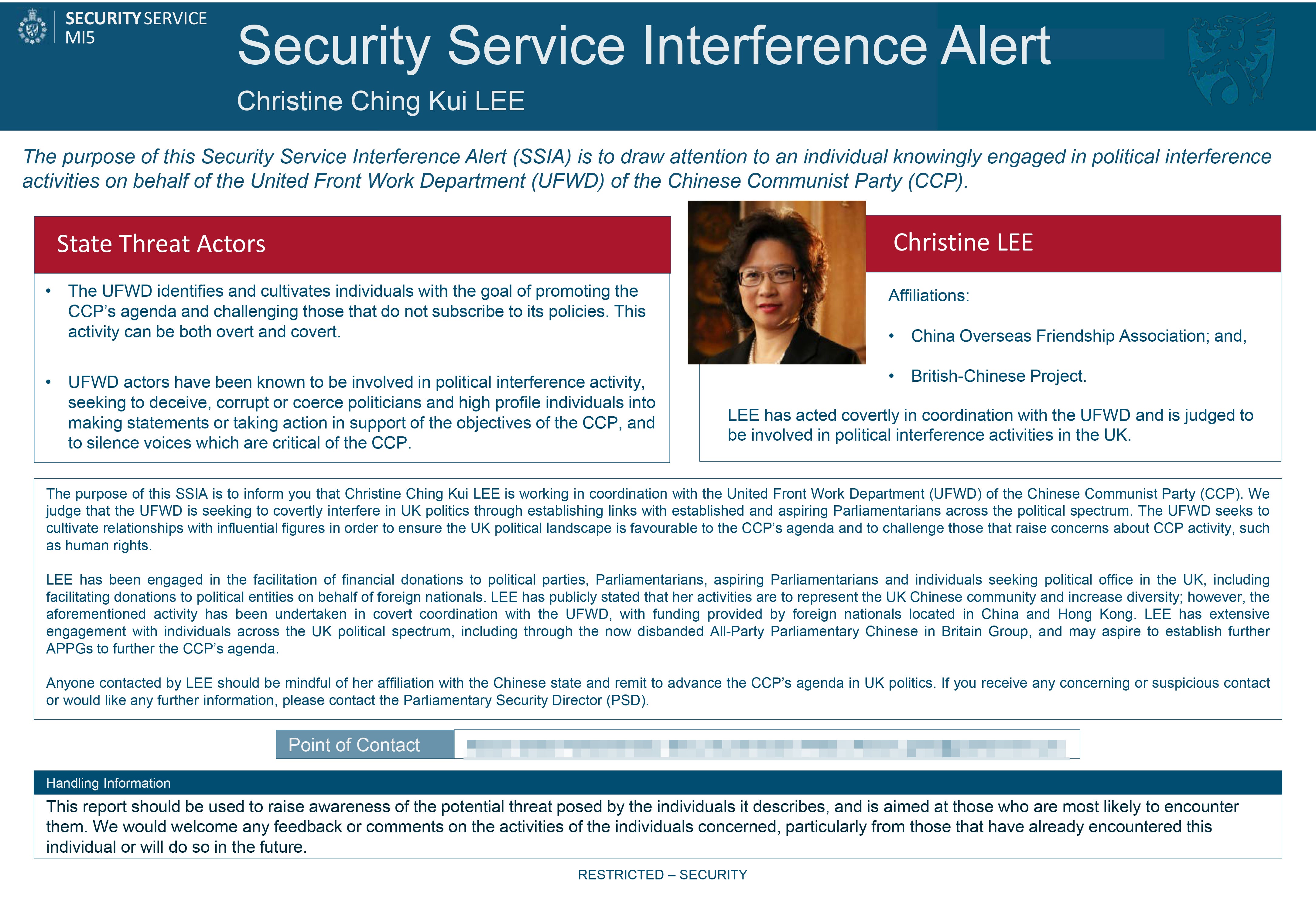 The MI5 Security Service Interference Alert about Christine Ching Kui Lee (MI5/PA)