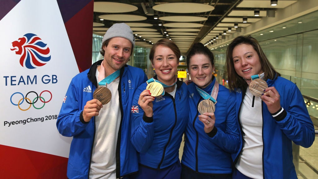 Billy Morgan, Lizzy Yarnold, Laura Deas and Isabel Atkin of Great Britain pose with their Olympic medals in 2018