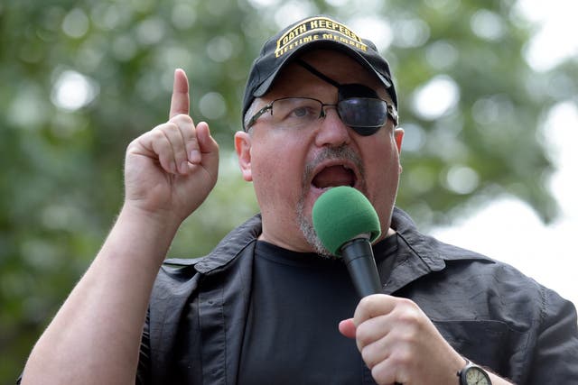<p>Stewart Rhodes, the founder of extremist right-wing gang Oath Keepers, speaking during a rally. He has been charged with seditious conspiracy in connection to the Capitol riot.  </p>