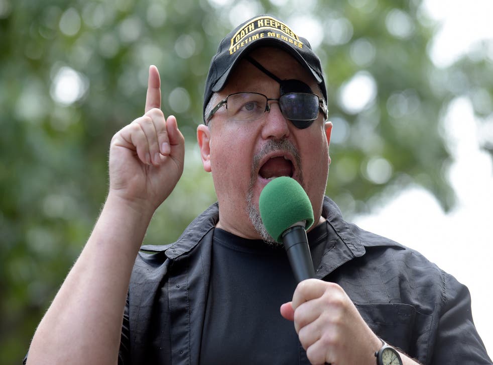 <p>Stewart Rhodes, founder of the Oath Keepers, speaks during a rally outside the White House in Washington. Rhodes has been arrested and charged with seditious conspiracy in the Jan. 6 attack on the U.S. Capitol. The Justice Department announced the charges against Rhodes on Thursday.</p>
