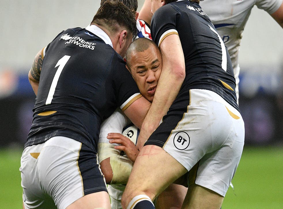 France’s Gael Fickou (centre) is tackled by Scotland’s Rory Sutherland (left) and Hamish Watson during a Guinness Six Nations match at Stade de France, Paris, in March 2021 (PA/ABACA)
