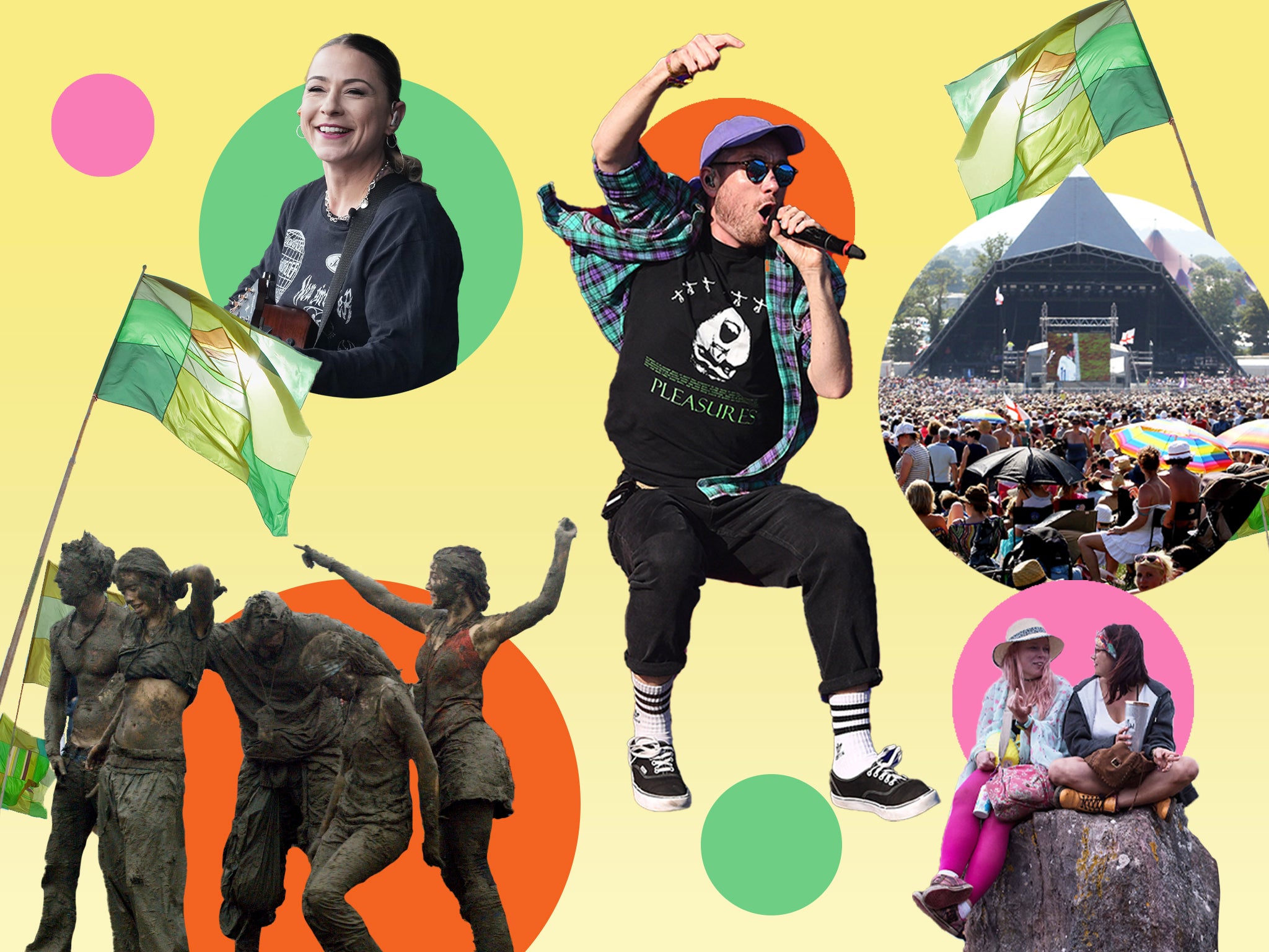 Top left clockwise: Lucy Spraggan, Bastille frontman Dan Smith, and scenes from Glastonbury festival