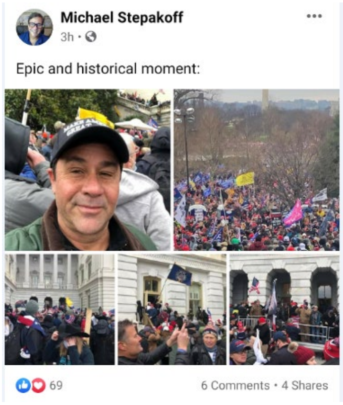 Michael Stepakoff shared photos of himself at the 6 January Capitol riot on Facebook, as seen in this screenshot released by federal investigators