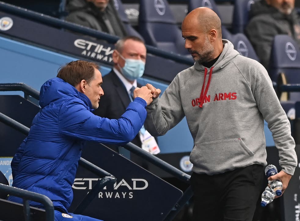 <p>Chelsea manager Thomas Tuchel and Manchester City boss Pep Guardiola</p>