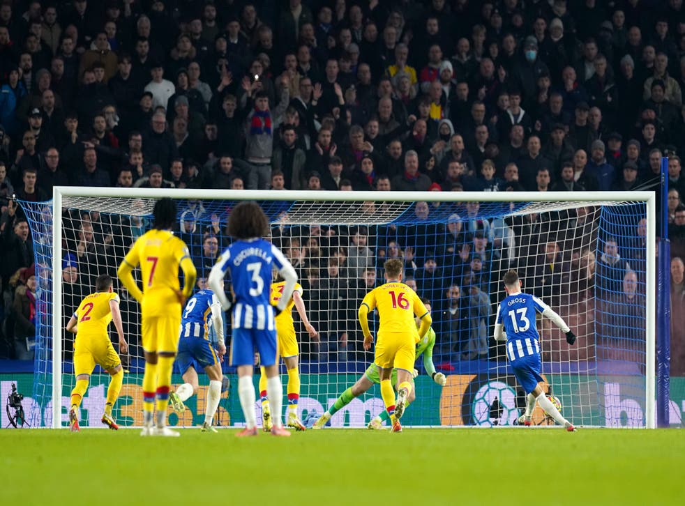 Pascal Gross sees his penalty saved by Crystal Palace goalkeeper Jack Butland (Gareth Fuller/PA)