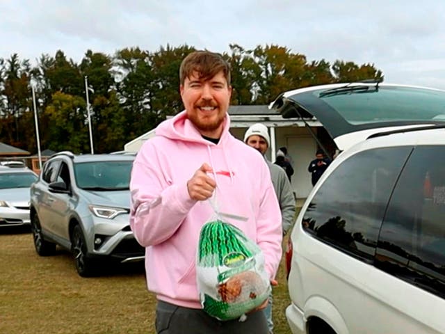 <p>Jimmy Donaldson, aka MrBeast, at a turkey giveaway at Pitt County Fairgrounds in Greenville, North Carolina, in November 2021</p>