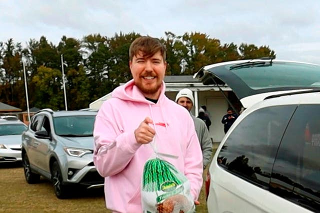 <p>Jimmy Donaldson, aka MrBeast, at a turkey giveaway at Pitt County Fairgrounds in Greenville, North Carolina, in November 2021</p>