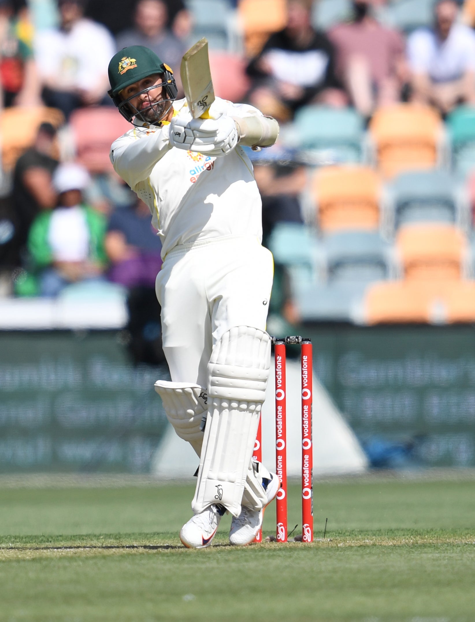 Nathan Lyon hit Wood for three sixes in the space of four balls (Darren England via AAP/ PA)