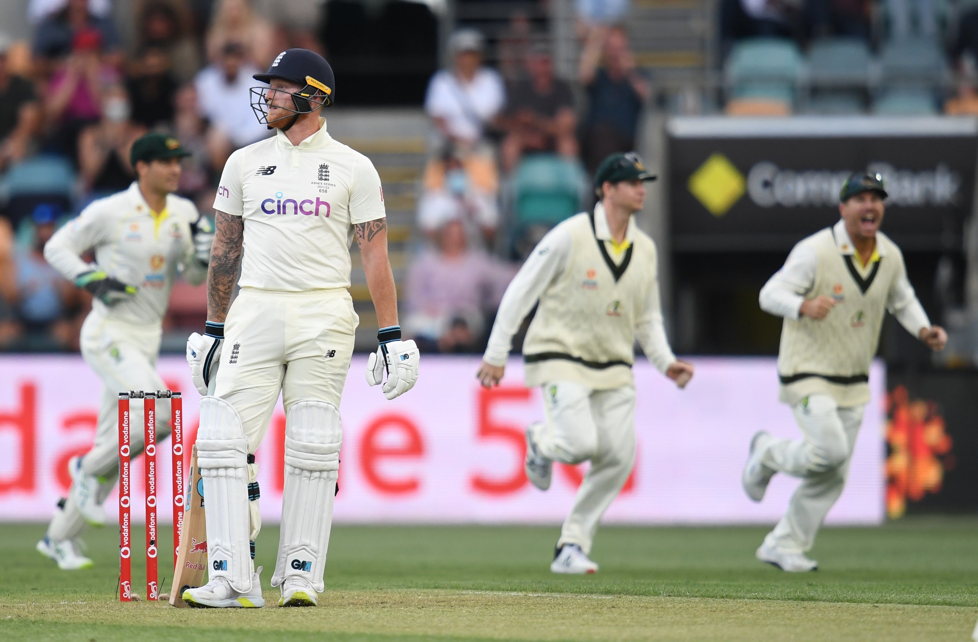 England’s Ben Stokes reacts after losing his wicket off the bowling of Australia’s Mitchell Starc (Darren England via AAP/PA)