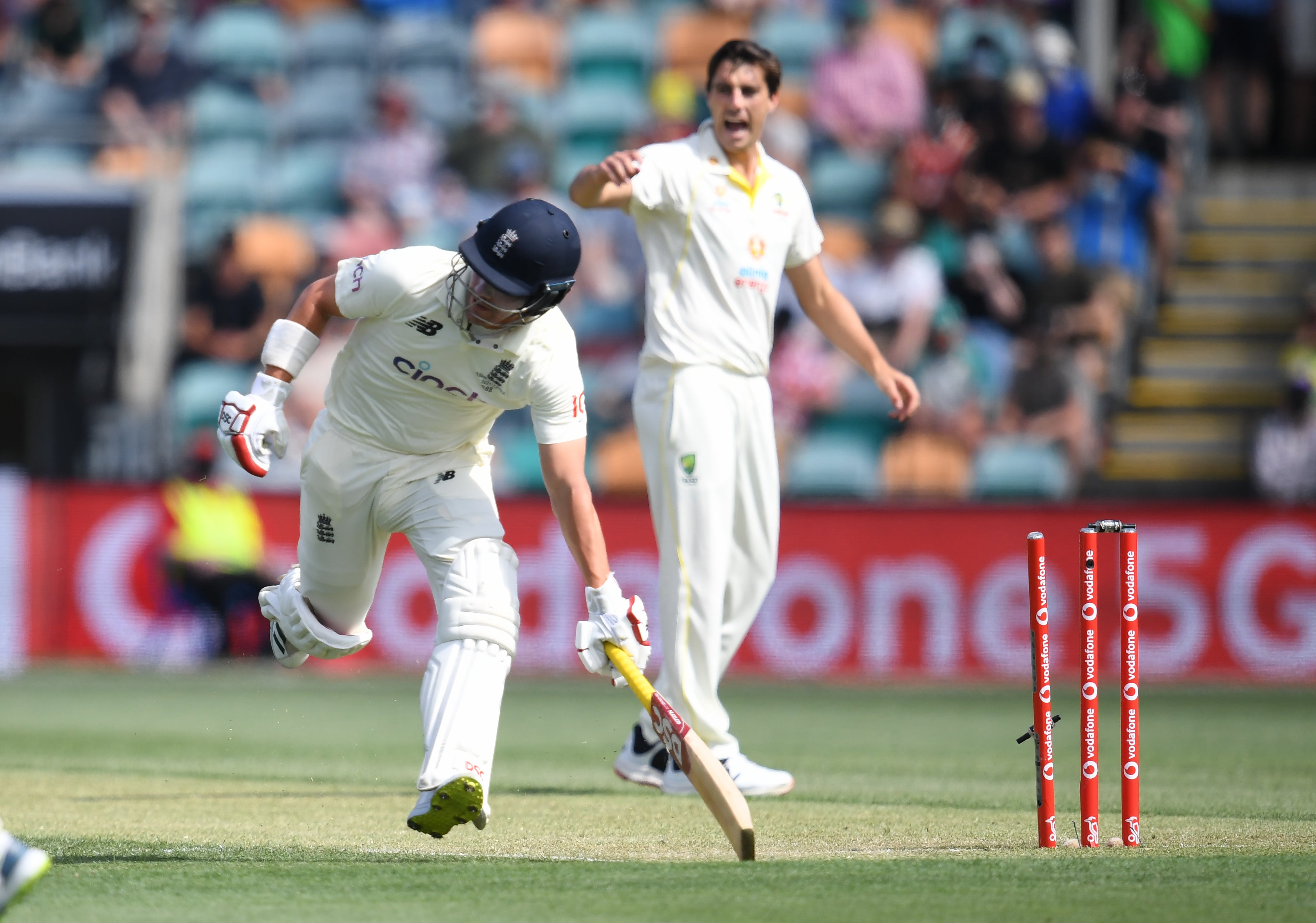 England’s Rory Burns is run out by Australia’s Marnus Labuschagne (Darren England via AAP/PA)