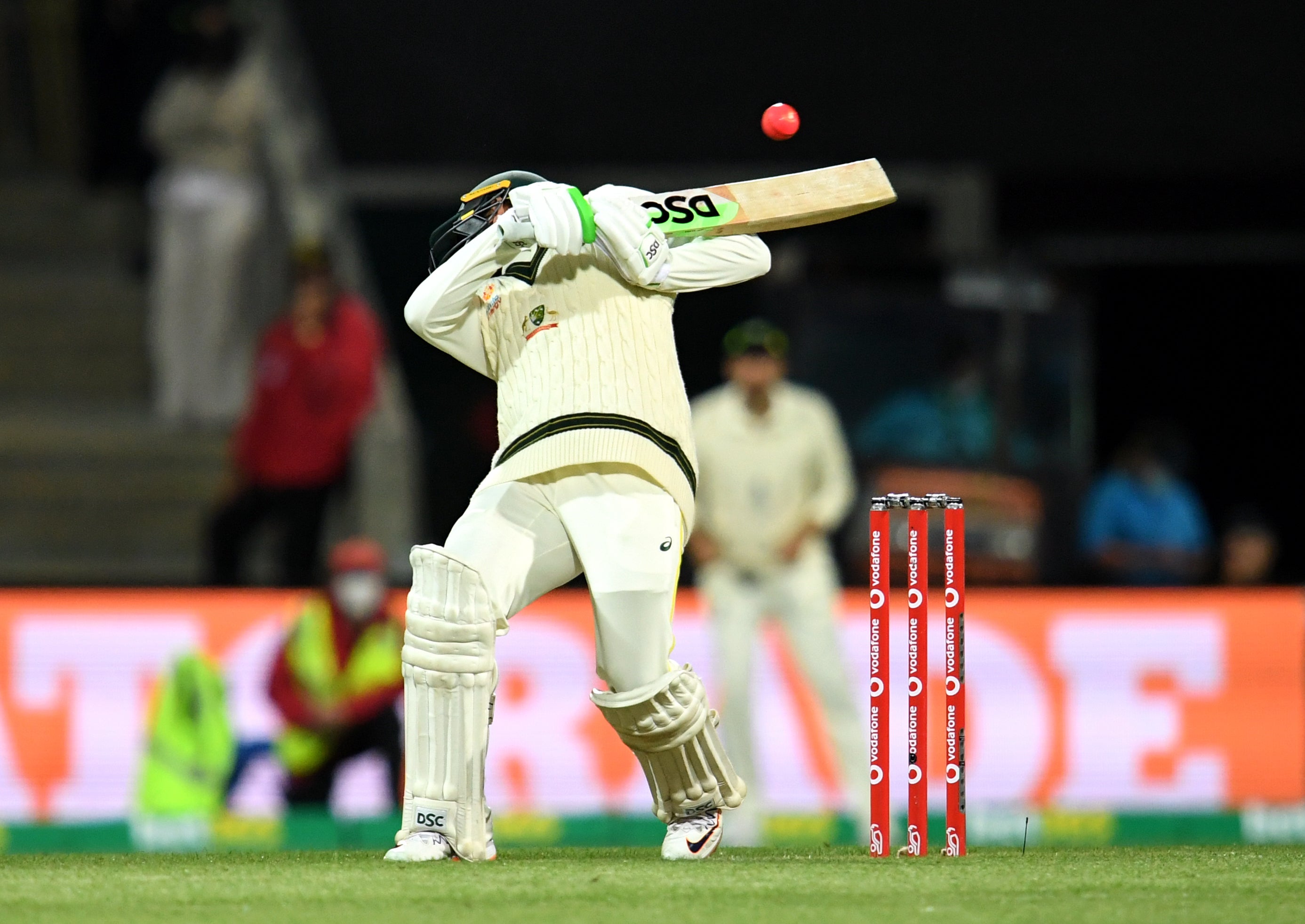 Australia’s Usman Khawaja gloves a ball off England’s Mark Wood to wicketkeeper Sam Billings.