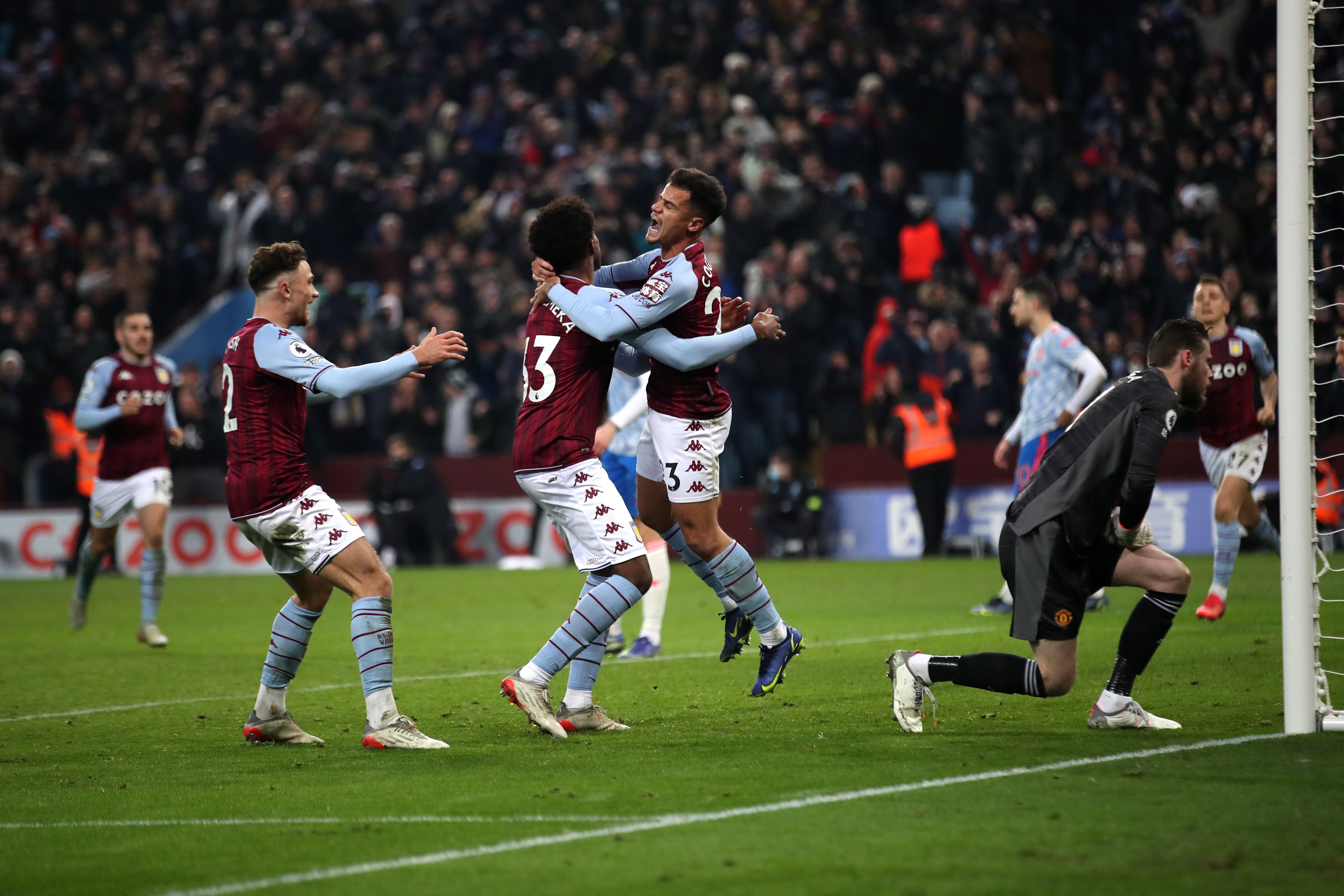 Philippe Coutinho is mobbed after scoring on his debut for Aston Villa (Isaac Parkin/PA)