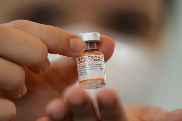 <p>A health worker holds a vial of the Pfizer vaccine for COVID-19</p>