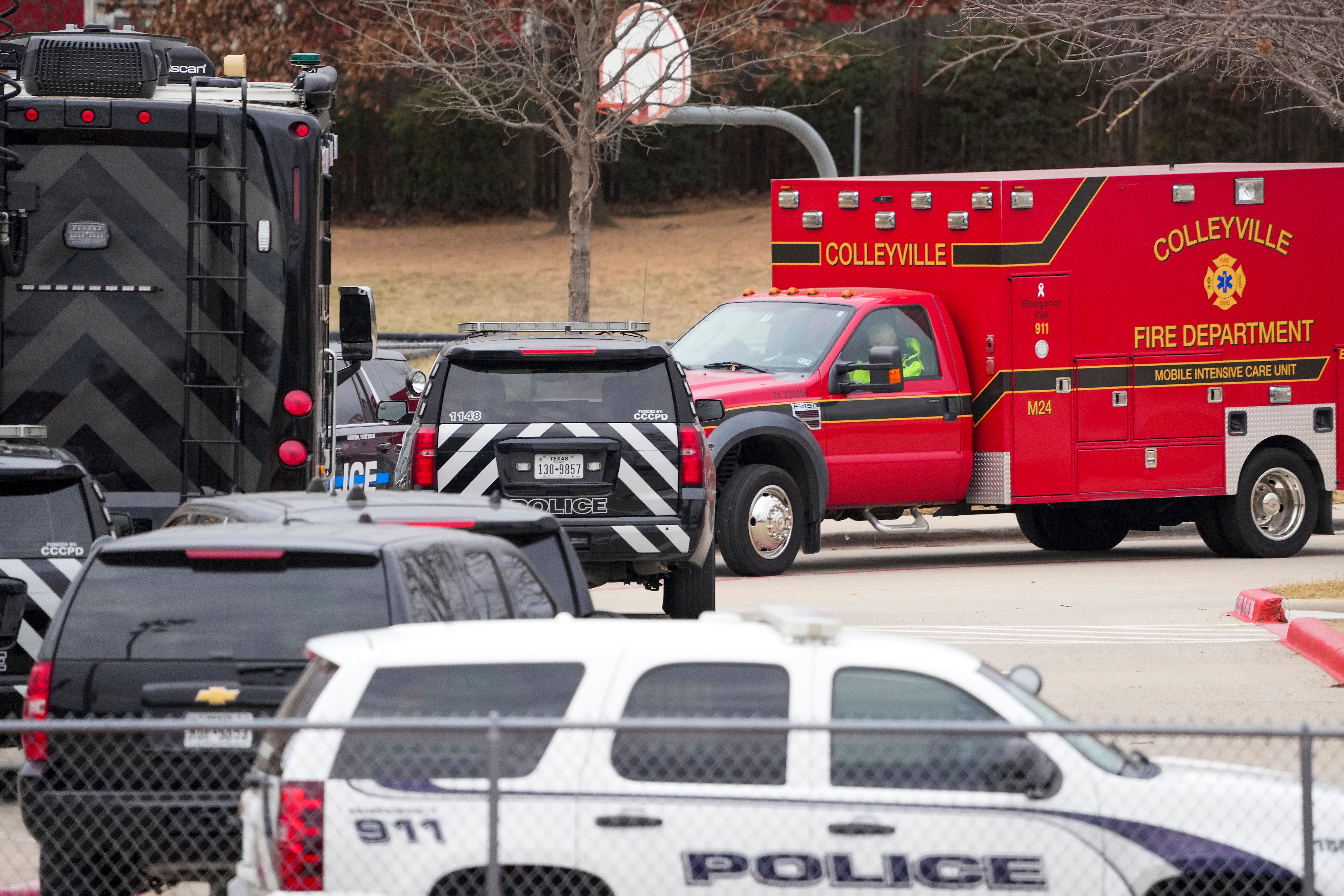 Emergency teams near Congregation Beth Israel in Colleyville, Texas on Saturday (Smiley N. Pool/PA)