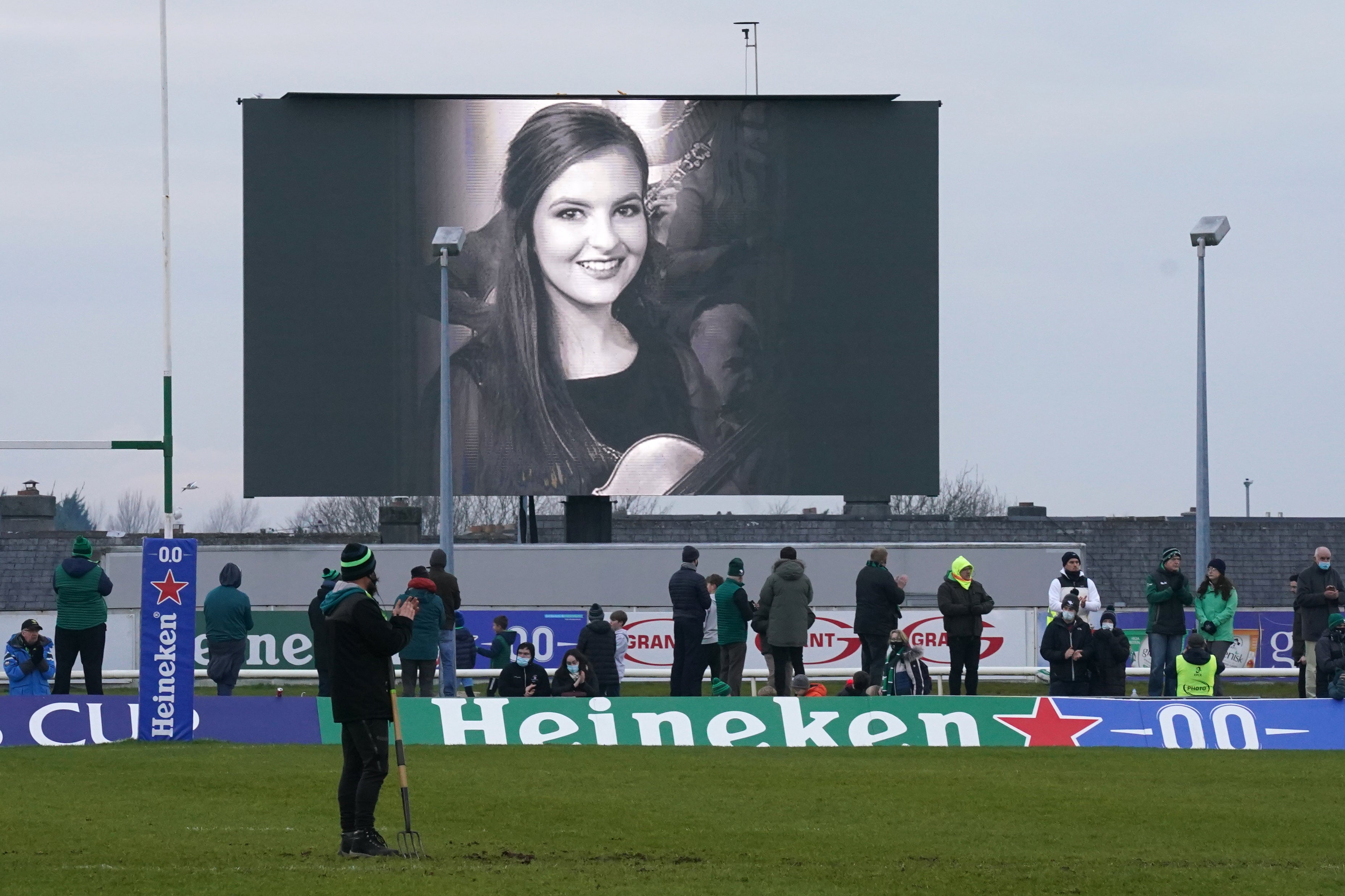 A photo of Ashling Murphy is displayed on the big screen during the Heineken Champions Cup match at The Sportsground in Galway (Brian Lawless/PA)