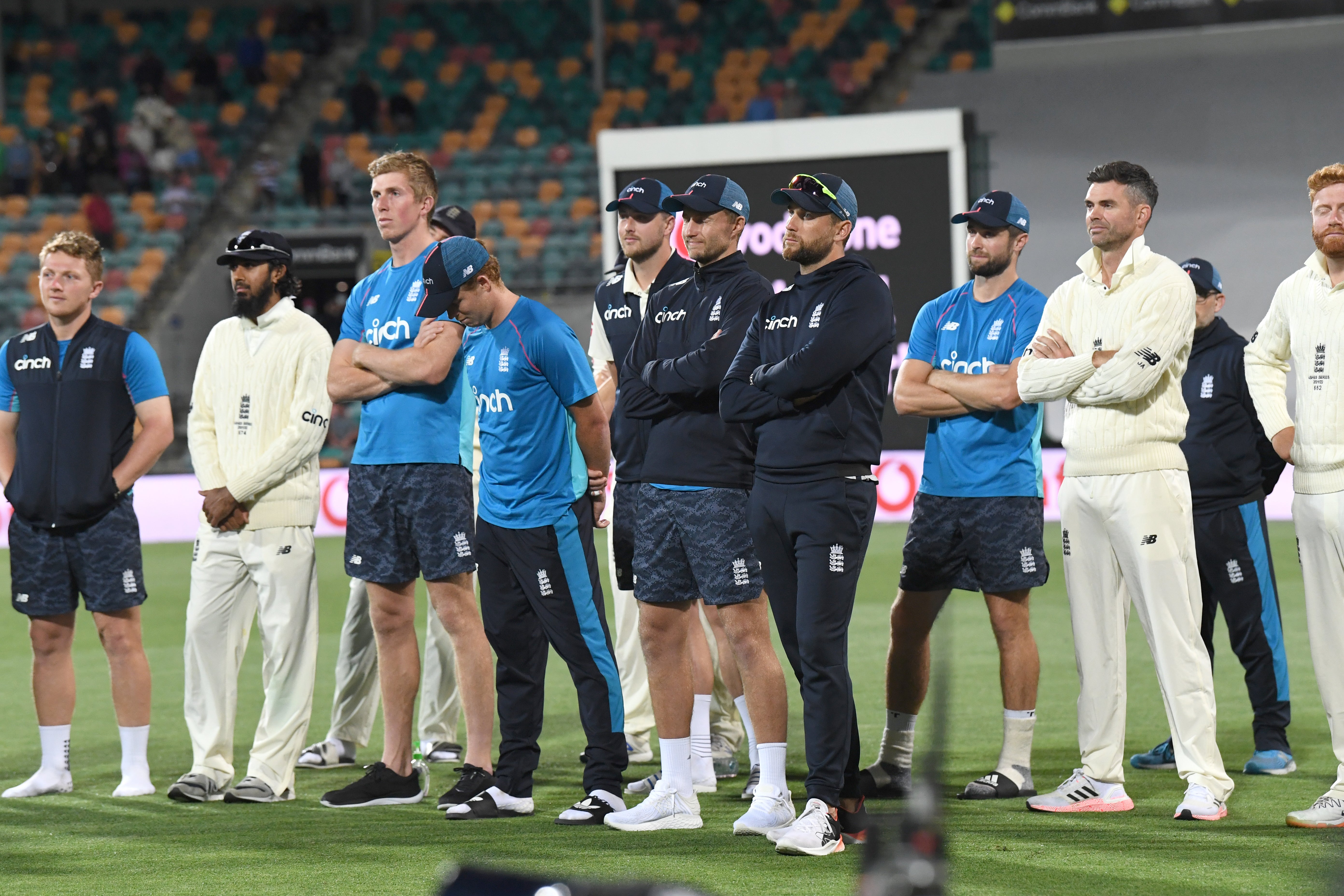 England’s players show their dejection after losing the fifth Ashes test (Darren England via AAP)