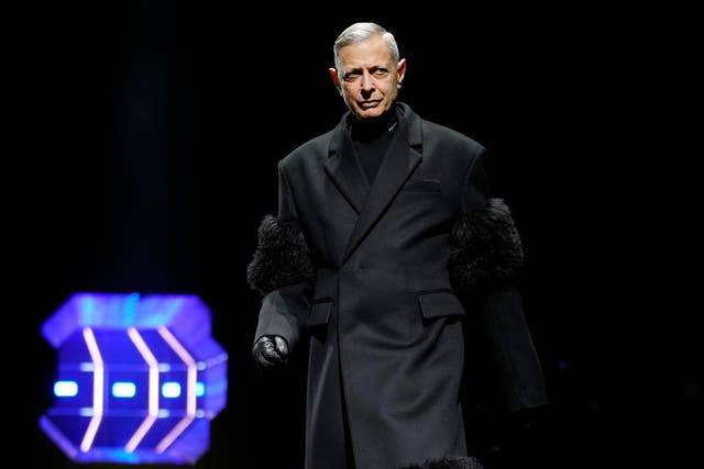 <p>Jeff Goldblum walked down the runway in a black overcoat with bands of fluffy faux fur</p>