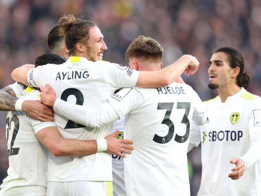 Leeds celebrate after Jack Harrison scores against West Ham