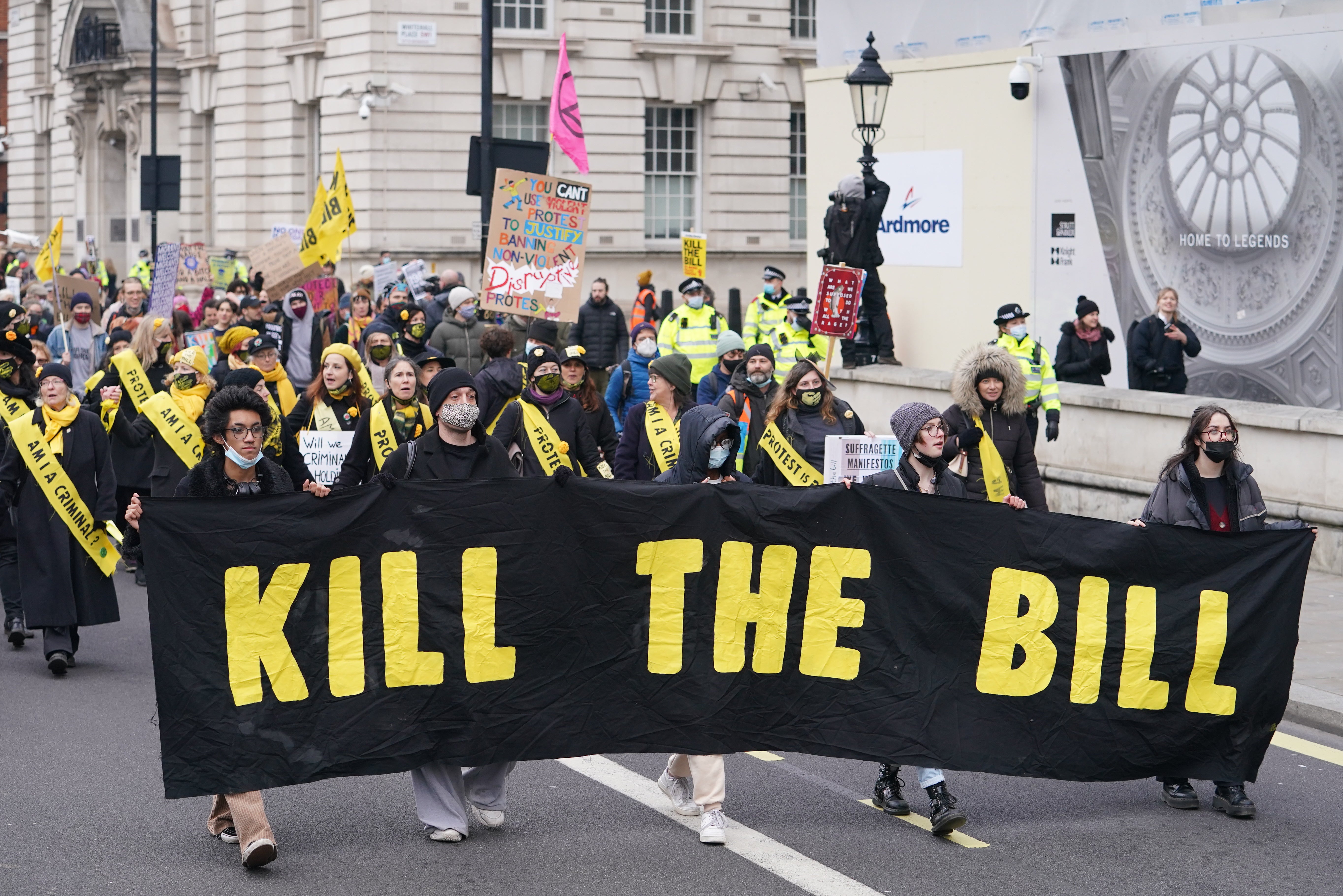 Demonstrators on Whitehall during a ‘Kill the Bill’ protest against the policing bill (Dominic Lipinski/PA)