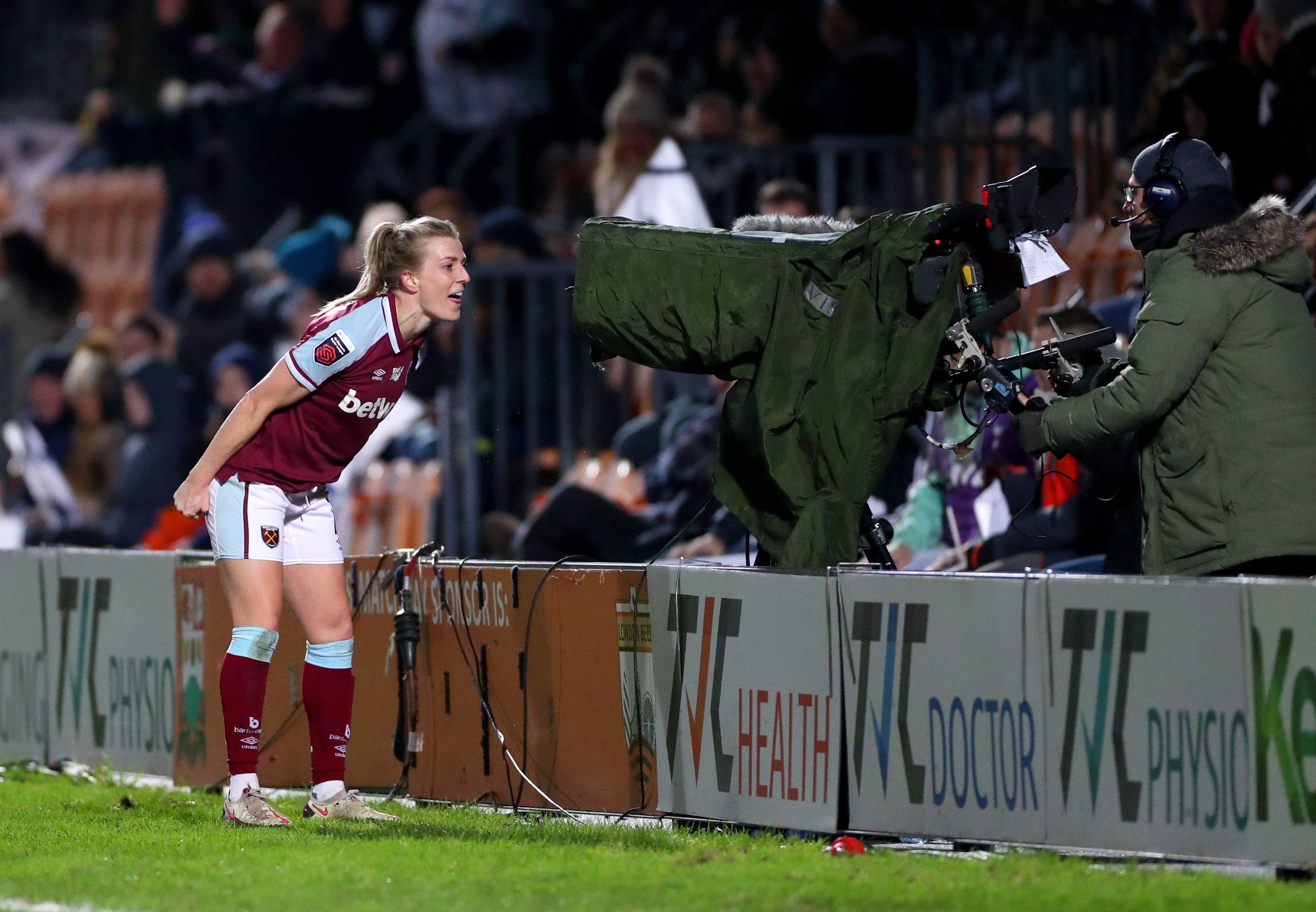 Kate Longhurst celebrates scoring West Ham’s stoppage-time equaliser in the 1-1 Women’s Super League draw at Tottenham (Bradley Collyer/PA)