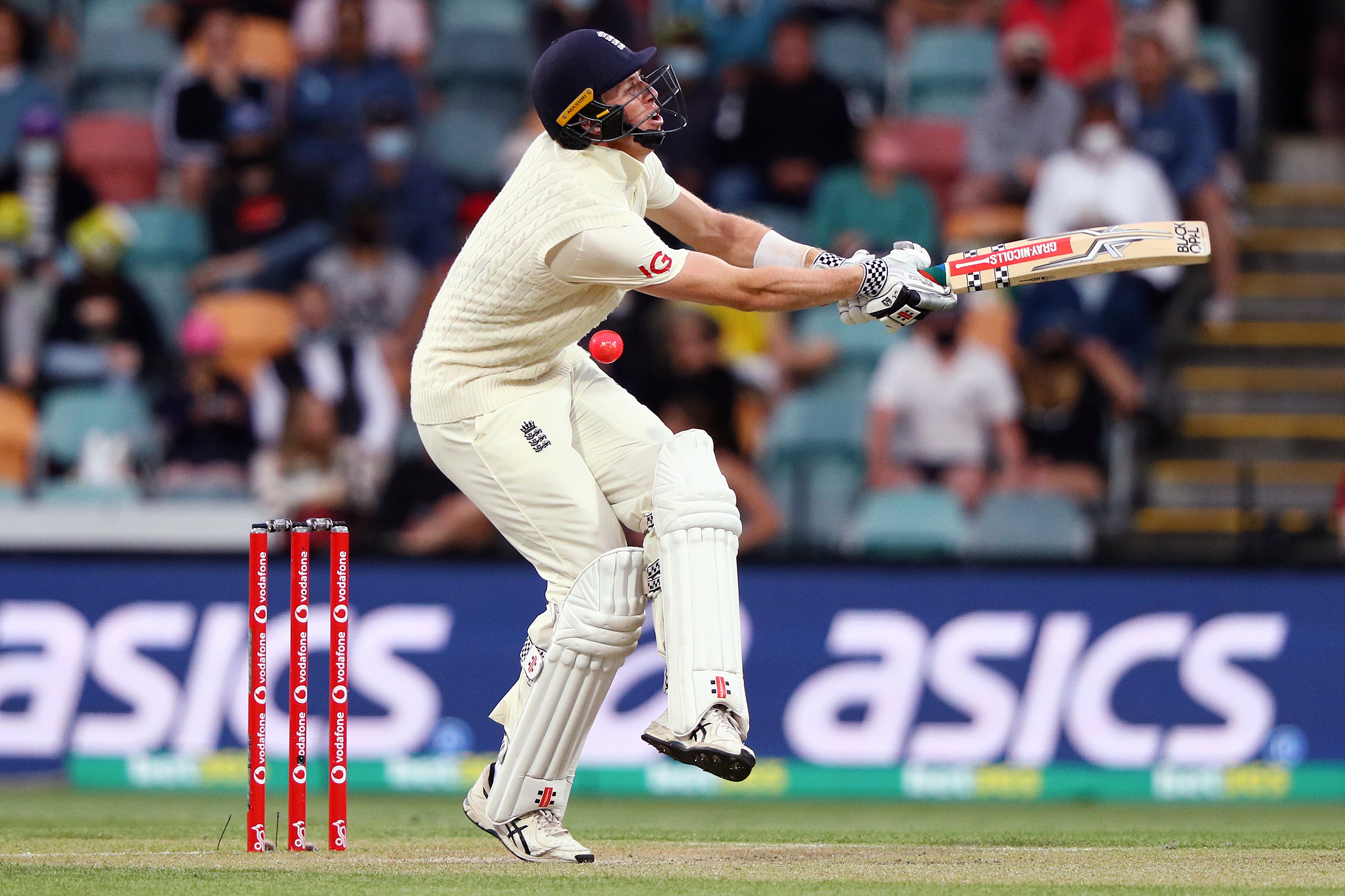 England batter Zak Crawley is struck by a delivery from Australia’s Pat Cummins during their fifth Test Ashes defeat in Hobart (Tertius Pickard/AP)