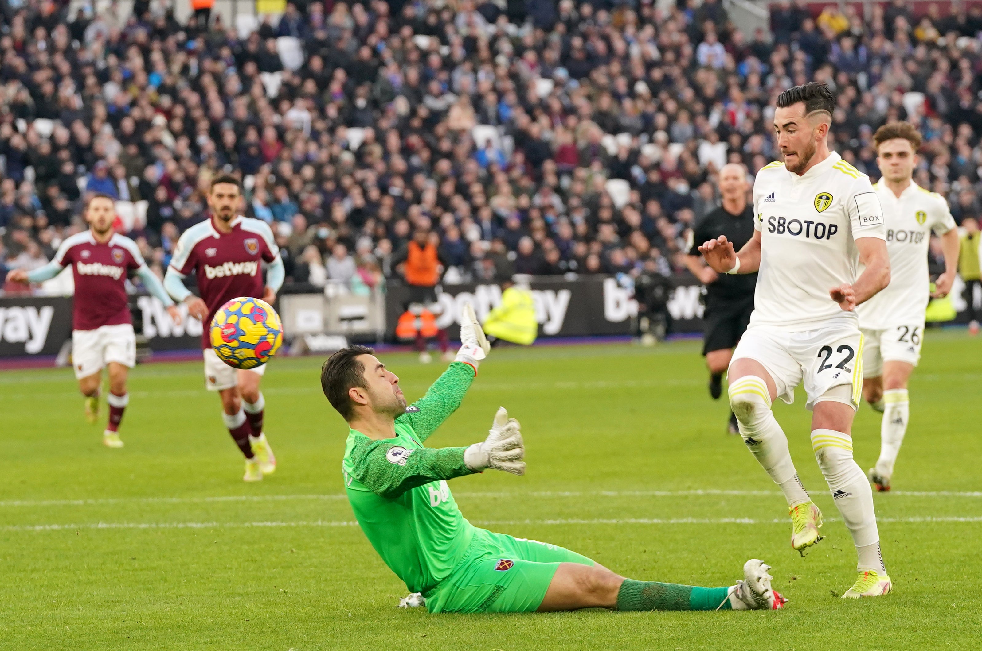 Jack Harrison (right) claims his first career hat-trick with his third goal in Leeds’ 3-2 win at West Ham (Jonathan Brady/PA)